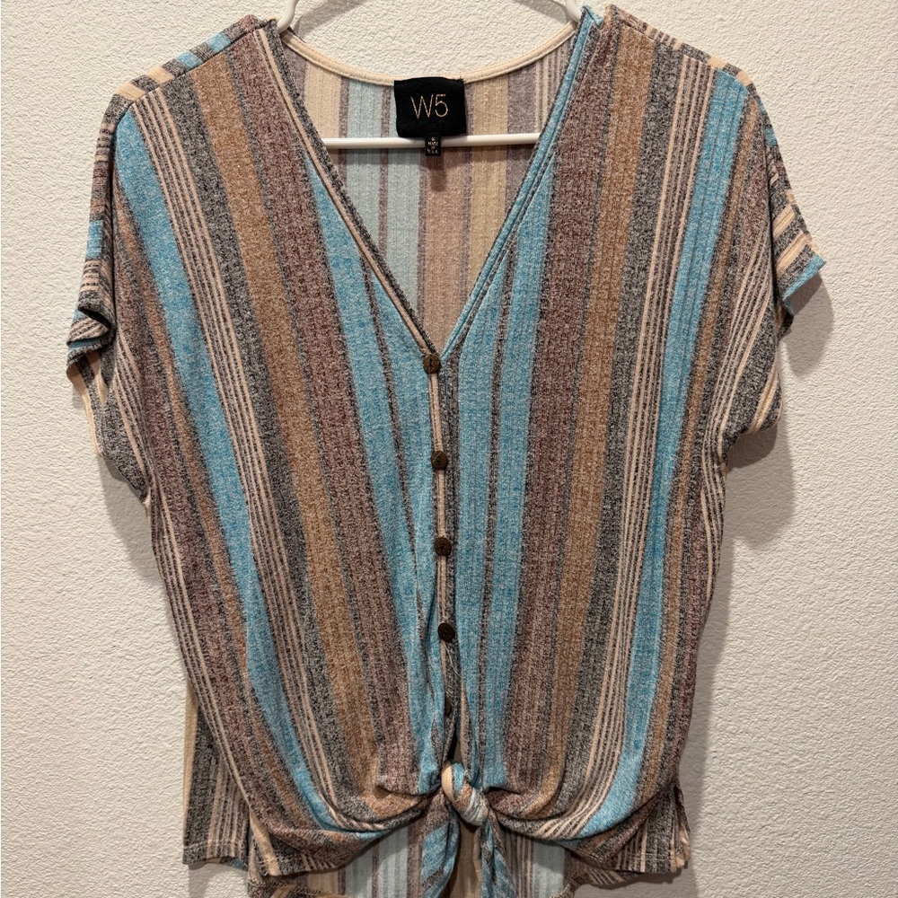 W5 Striped V-Neck Button Tie Front Top in Blue and Brown